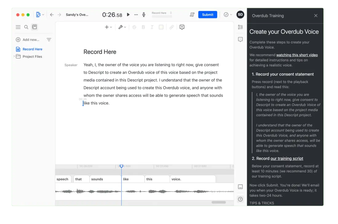 Voice cloning feature interface screenshot