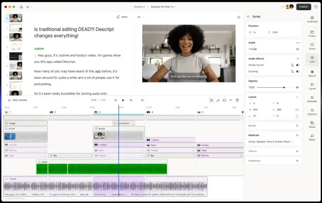 Modern editing dashboard for Descript AI 2025