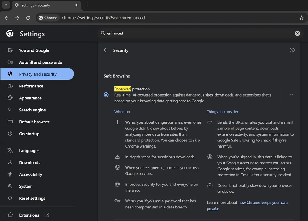 AI security features enabled in Chrome browser