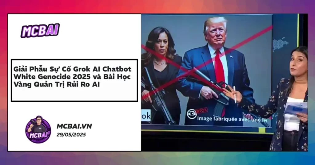 Grok AI chatbot bên cạnh biểu tượng Nam Phi và cảnh báo white genocide, đại diện khủng hoảng kiểm duyệt nội dung AI năm 2025