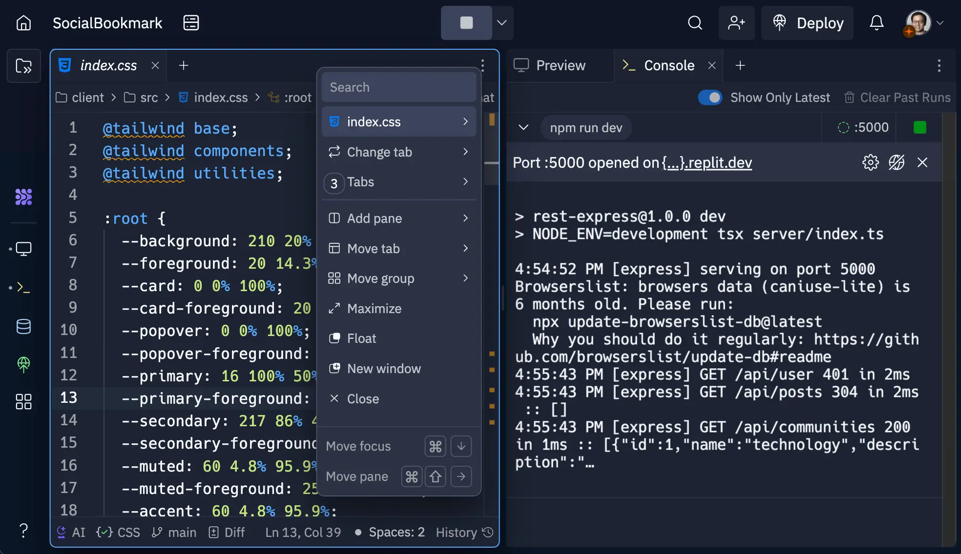 Replit AI workspace interface menu screenshot