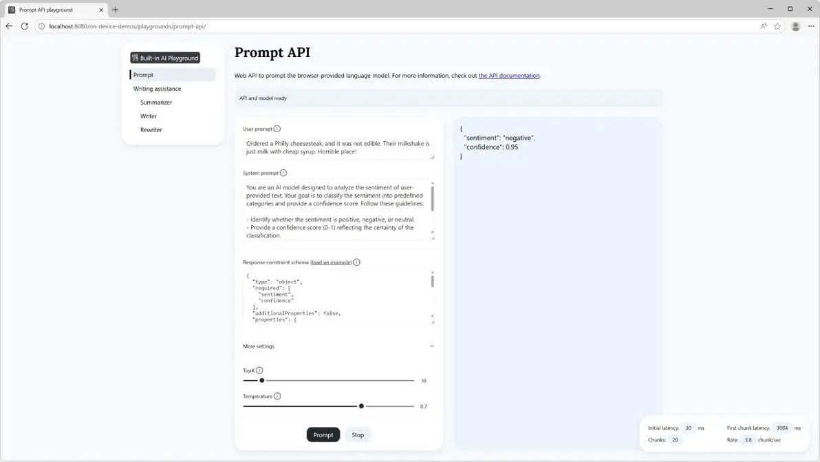 Browser showing Edge AI APIs interface