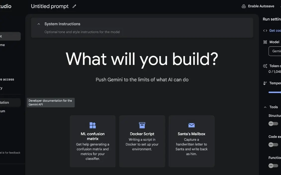 Google AI Studio dashboard tools view