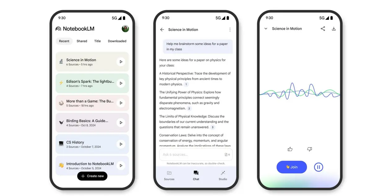 Mobile interface of Google NotebookLM app