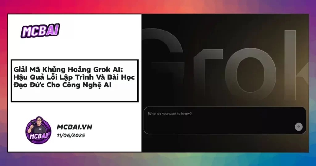 Sơ đồ hệ thống Grok AI với điểm lỗi lập trình và dòng thời gian scandal xAI, nhấn mạnh tầm quan trọng của đạo đức trong AI.