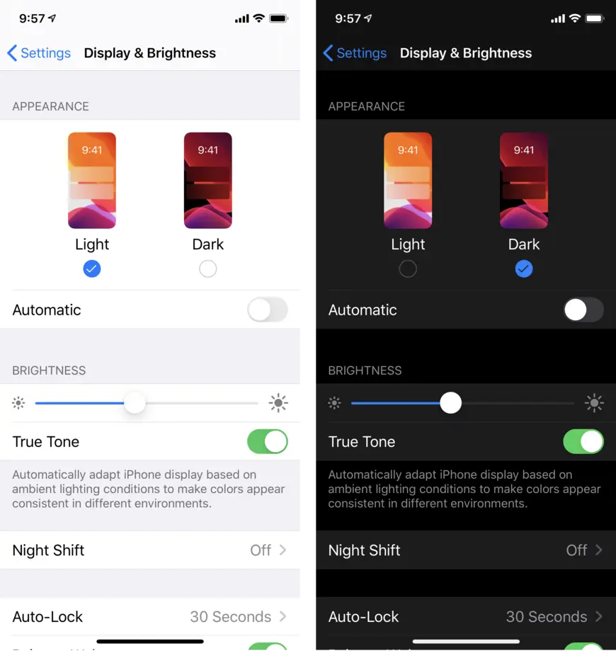 Settings screen showing light and dark options