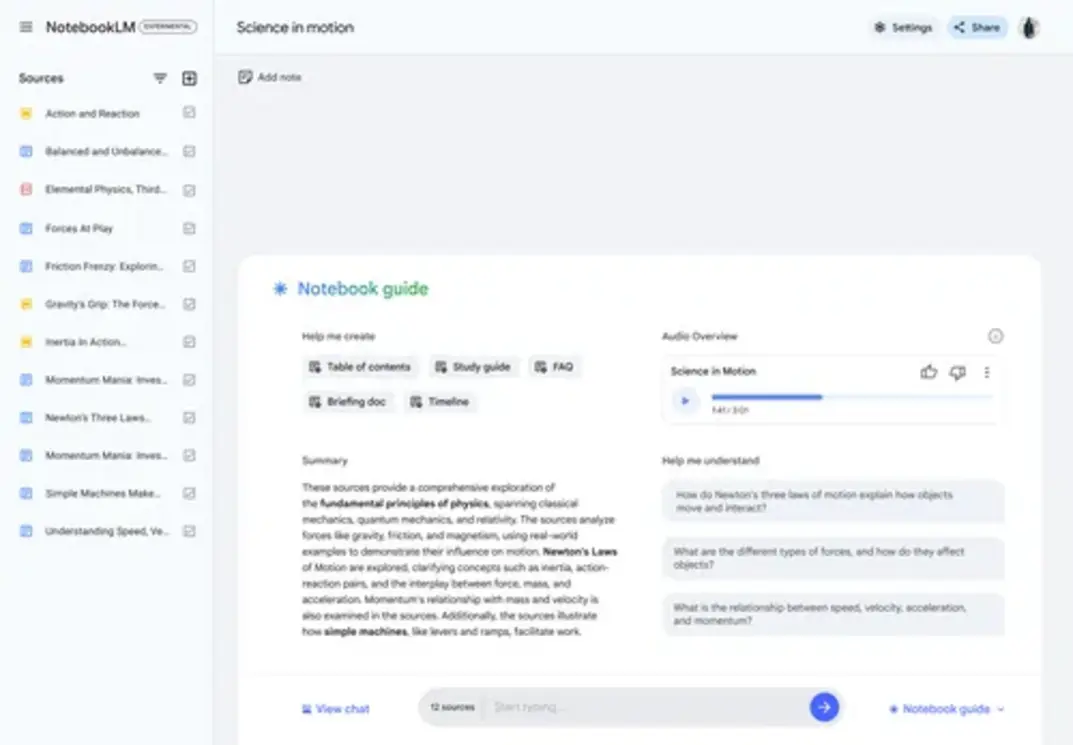 Screenshot of NotebookLM AI summary tool