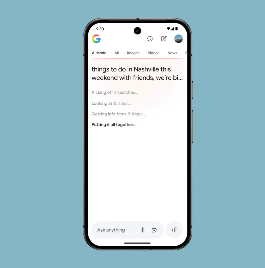 Screenshot showing Google AI Mode interface on mobile device with AI-enhanced Google Search